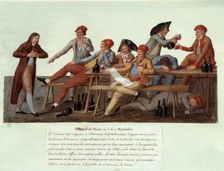 Französische Revolution von 1789: „Ein Gefängnisgericht am 2. und 3. September“. Satirische Darstellung eines revolutionären Gerichts, dessen Mitglieder in Rechtsfragen keine Zuständigkeit besitzen und Fälle beim Weintrinken und Rauchen beurteilen.