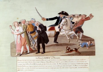 Französische Revolution von 1789: Prinz von Lambesc in den Tuilerien am 12. Juli, der versucht, die ersten Demonstrationen der Revolutionäre zu unterdrücken