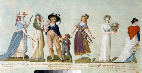 Französische Revolution von 1789: Damenmode im Revolutionszeitalter (Revolutionärin). Gouache der Brüder Lesueur (18. Jahrhundert). Paris, Musée Carnavalet.