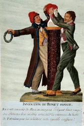 Französische Revolution: „Die Erfindung der roten Mütze“. Zwei Revolutionäre nehmen der Büste Voltaires die Krone ab und ersetzen sie durch eine phrygische Mütze. 18. Jahrhundert. Musée Carnavalet, Paris