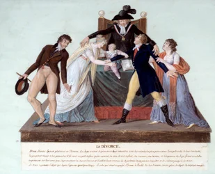 Republikanische Scheidung: eine Versöhnungsszene zur Zeit der Französischen Revolution zwischen zwei Ehefrauen, die sich scheiden lassen wollen; der ehebrecherische Ehemann weist seine Geliebte zurück, während die Ehefrau ihr Kind umarmt. 18. Jahrhundert.