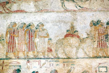 Beni-Hasan-Nekropole. Grab von Khnumhotep III. Detail: Wandmalerei, die eine asiatische Karawane darstellt. Mittleres Reich.