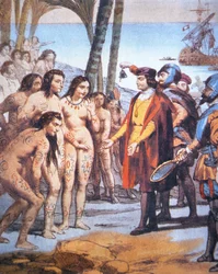 Christoph Kolumbus landet 1492 in der Neuen Welt und wird von Taino-Indianern begrüßt