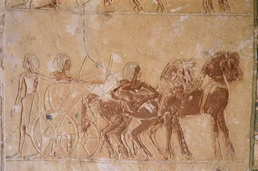 Altes Memphis, Saqqara-Nekropole, bemalte Reliefs im Grab von Horemheb