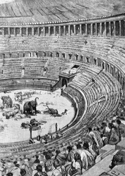 Einweihung des flavischen Amphitheaters, bekannt als Kolosseum, in Rom im Jahr 80 n. Chr., mit Zuschauern bei einem Tierkampf, Illustration aus „Geschichte Roms“ von Francesco Bertolini (1836-1909), Treves, Mailand