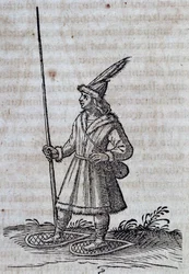 Einwohner von Kanada (Frankreich Canadienne) mit Schneeschuhen, Illustration aus Beschreibung von Neu-Frankreich