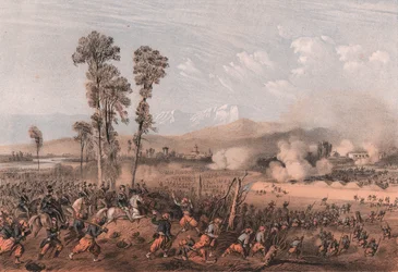 König Vittorio Emanuele II führt Truppen während der Schlacht von Palestro, Lombardei