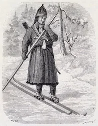 Lars Tuorda, lappländischer Athlet, der 1884 den von Adolf Erick Nordenskjold organisierten Langlaufwettbewerb gewinnt, Tuschezeichnung