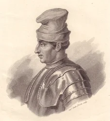 Porträt des italienischen Heerführers Niccolò Fortebraccio, auch bekannt als della Stella (1389-1435), Kupferstich von Caterina Piotti-Pirola