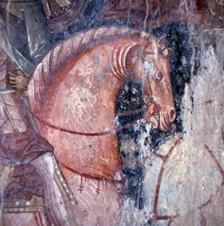 Heiliger zu Pferd, Fresko in Kirche in Palaia Roumata, Kreta, Griechenland (Detail) (Foto)