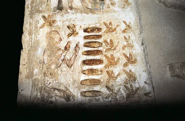 Wandmalerei, die eine Szene der Bienenzucht darstellt, auf einer Säule des Hypäthralhofs, aus dem Grab von Pabasa, Asasif (Foto)