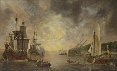 Ein Hafen mit einer Flöte, eine Fregatte feuert einen Salut, eine Flöte wird gekielt und eine Staatsyacht, mit anderen Schiffen bei Sonnenuntergang