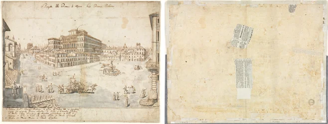 Achtzehn Ansichten von Rom: Die Piazza Barberini (recto); Abzeichnung eines Brunnens von Recto und Skizzen von zwei Gesichtern (verso)