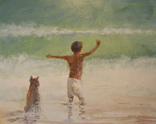 Junge und Rettungsschwimmer (Hund)