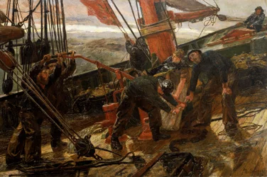 Szene auf dem Deck einer Schoner, der in einen Sturm geraten ist, ein Seedrama, alle Matrosen und die Frau des Kapitäns versammeln sich, um die Pumpe zu aktivieren und die Segel und Seile zu ziehen
