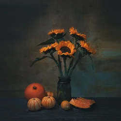 Herbstsonnenblumen und Kürbisse