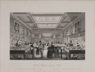 Ansicht der Zoologischen Galerie, Britisches Museum, zeigt Besucher, die sich die Ausstellungen ansehen, ca. 1850 (Gravur)