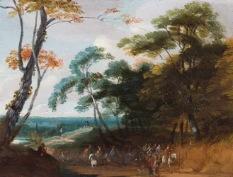 Reisende in einer bewaldeten Landschaft