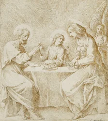 Das Jesuskind, die Jungfrau und der heilige Josef an einem Tisch sitzend, begleitet von einem Engel