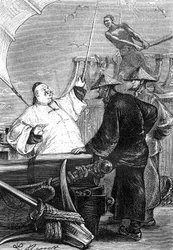 Zeichnung von Leon Benett, aus Jules Vernes Buch „Die Leiden eines Chinesen in China“ - Hetzel-Ausgabe/Außergewöhnliche Reisen 1879.