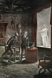 Illustration des Romans „Le chateau des Carpathes“ von Jules Verne, Hetzel/Voyages extraordinaire Ausgabe, geschrieben zwischen 1884 und 1889, veröffentlicht 1892, Zeichnung von Leon Benett. La Stilla, eine verstorbene Sängerin, erschien in Franz de Telek,