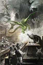 Illustration des Romans von Jules Verne „Das Schloss der Karpathen“, Ausgabe Hetzel/Voyages extraordinaire 1892, Zeichnung von Leon Benett. Der Magister Hermod beschwört das Schloss mit Drachen, Feen, Dämonen, Gespenstern, Wiedergängern...