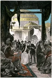 Der Basar von Samarkand (heute Samarkand oder Samarqand in Usbekistan), Illustration des Romans von Jules Verne „Claudius Bombarnac“ Ausgabe Hetzel 1892 - Zeichnung von Léon Benett (Hippolyte Léon Benet)