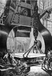 Zeichnung von Leon Benett, aus dem Buch von Jules Verne „Die 500 Millionen der Begum“ - Ausgabe Hetzel/Außergewöhnliche Reisen 1879. Hammer Trommler bei der Arbeit in einer Stahlgießerei.