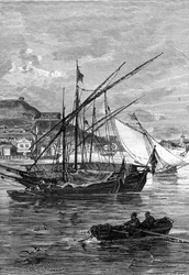 Illustration von Jules Vernes Roman „Keraban der Starrkopf“, Hetzel-Sammlung/Außergewöhnliche Reisen 1883. Zeichnung von Leon Benett: der Hafen von Kertsch (Krim), an der Straße von Ienikale, zwischen dem Schwarzen Meer und dem Asowschen Meer