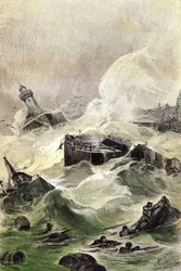 Illustration von Jules Vernes Roman „Die Propellerinsel“, Hetzel-Ausgabe / Außergewöhnliche Reisen 1895, Zeichnung von Leon Benett. Die riesige schwimmende Insel beginnt zu zerbrechen und zu sinken.