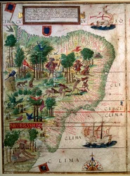 Hydrographische Karte von Brasilien. Manuskript aus dem „Portugiesischen Nautischen Atlas“ von Kartograph Loppo Homem 1519 Paris. B.N.