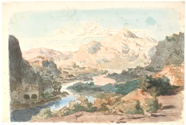Italienische Bergszene mit Fluss und einem Gebäude links