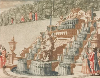Der Wasserfall von Galathea, an der Westseite des Großen Gartens, in: Tooneel Der Voornaamste..., n.d.