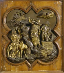 Das Opfer Isaaks. Originaltafel der Paradiespforte (Ostportal des Baptisteriums), nach der Restaurierung. Vergoldete Bronze von Lorenzo Ghiberti (1378-1455), 1425-52. Museo del Bargello, Florenz.
