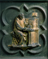 Nordtor (genannt Porte de la Croix, im Norden), Außendetail: Heiliger Hieronymus. Bronzeskulptur von Lorenzo Ghiberti (1378-1455)