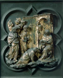 Nordtor (genannt Kreuztor, nach Norden), Außendetail: Anbetung der Heiligen Drei Könige. Bronzeskulptur von Lorenzo Ghiberti