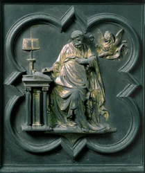 Nordtor (genannt Kreuztor, im Norden), Außendetail: Heiliger Markus. Bronzeskulptur von Lorenzo Ghiberti