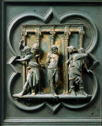 Nordtor (genannt Kreuztor, im Norden), Außendetail: Die Geißelung. Bronzeskulptur von Lorenzo Ghiberti