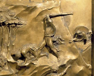 Die Geschichte von Kain und Abel, Detail der Tötung Abels, Originaltafel von der Osttür des Baptisteriums, 1425-52, nach der Restaurierung