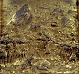 Die Geschichte von David und Goliath, eine von zehn Relieftafeln der Paradiespforte (Osttüren), 1425-52