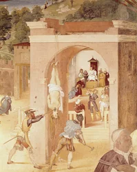 Szenen aus dem Leben der hl. Barbara, Detail der Übergabe der hl. Barbara an den römischen Präfekten Marcian und ihrer anschließenden Folterung, 1523-24