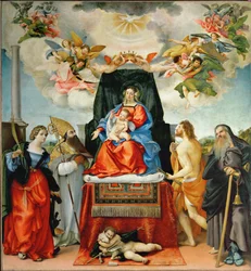Jungfrau und Kind mit der heiligen Katharina von Alexandria, dem heiligen Augustinus, Johannes dem Täufer, dem heiligen Sebastian und dem heiligen Antonius Abt