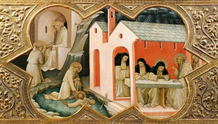 Altarbild der Krönung der Jungfrau (Incoronazione della Vergine). Detail mit Szenen aus dem Leben des heiligen Benedikt von Nursia