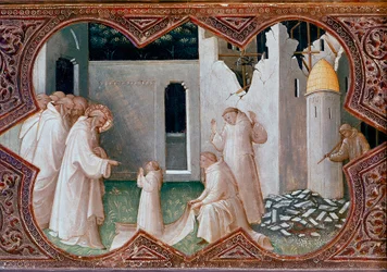 Altarbild der Krönung der Jungfrau: „Der heilige Benedikt von Nursia erweckt einen Mönch zum Leben“. Tempera auf Holz (1370-1424), 1413. Florenz, Uffizien