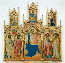 Madonna und Jesuskind, Heilige; oben: Verkündigung