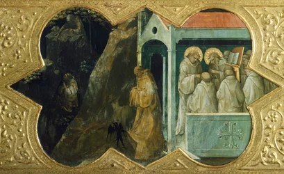 St. Benedikt wird vom Teufel versucht und St. Bernardino im Konsistorium (Detail)