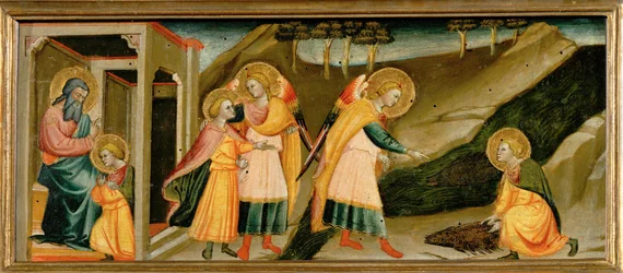 Szenen aus der Geschichte von Tobias: Er verabschiedet sich von seinem Vater; Tobias und der Erzengel Raphael; Tobias fasst Mut