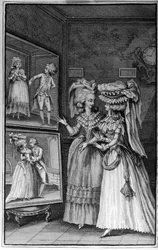 Illustration von Louis Binet (1744-1800) für das Buch von Nicolas Edme Restif de La Bretonne „Les Parisiennes“, oder XL allgemeine Charaktere, den heutigen Sitten entnommen, geeignet, der Unterweisung der Personen weiblichen Geschlechts zu dienen, aus den