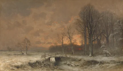 Winterszene mit untergehender Sonne hinter Bäumen