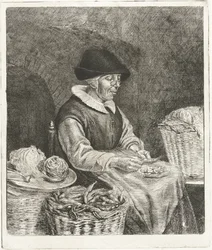 Alte Frau beim Bohnenputzen